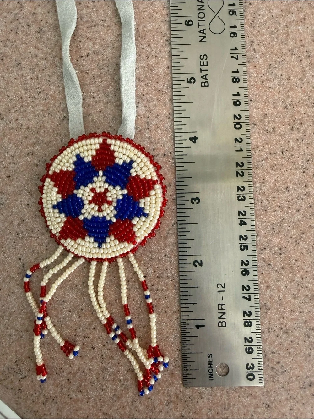 Handmade Beaded Leather Choker Medallion Necklace in Red, Blue & Cream NWOT